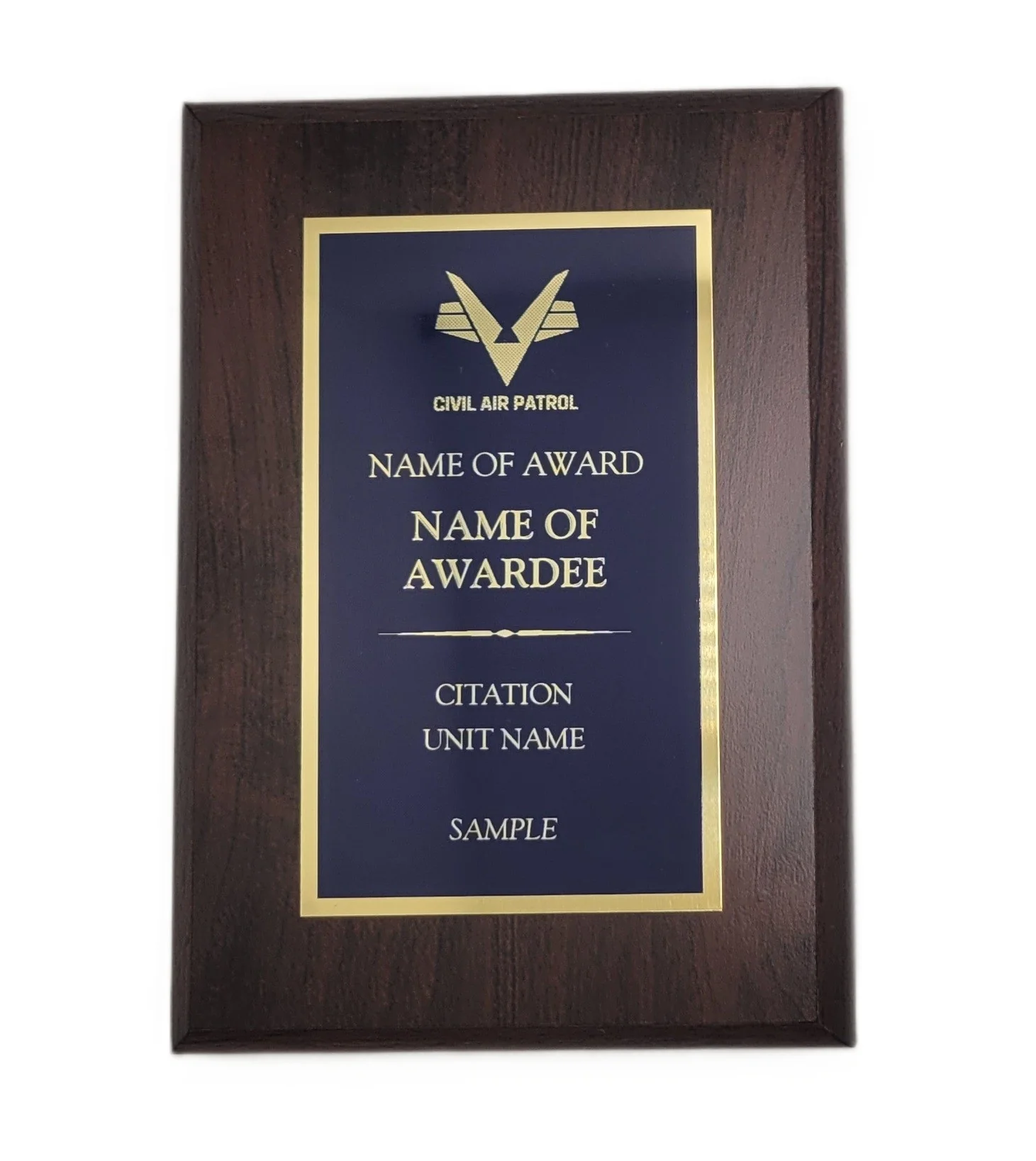 CAP Plaque: Blue plate mounted on Cherry wood - engraving plate Flying V