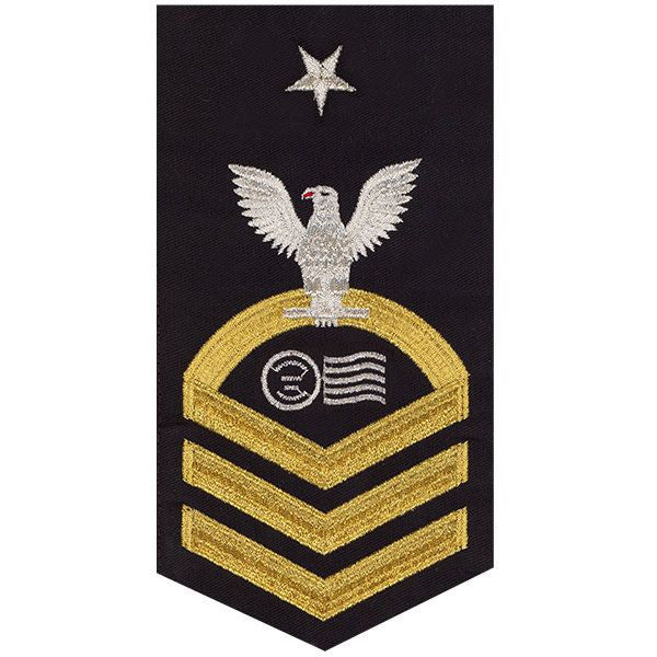 Navy E8 MALE Rating Badge: Postal Clerk - seaworthy gold on blue
