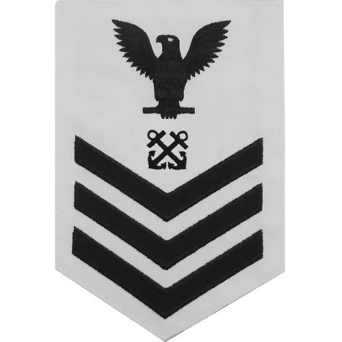 Navy E6 MALE Rating Badge: Boatswain's Mate - blue chevrons on white CNT