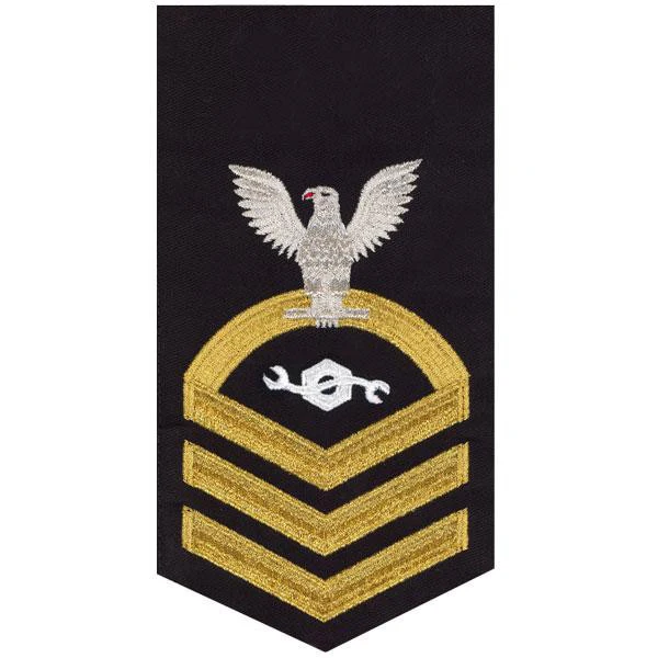 Navy E7 MALE Rating Badge: Construction Mechanic - seaworthy gold on blue