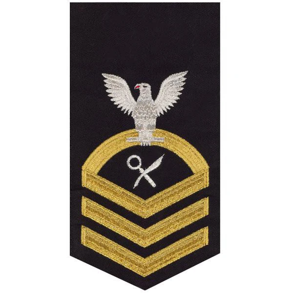 Navy E7 MALE Rating Badge: Intelligence Specialist - seaworthy gold on blue