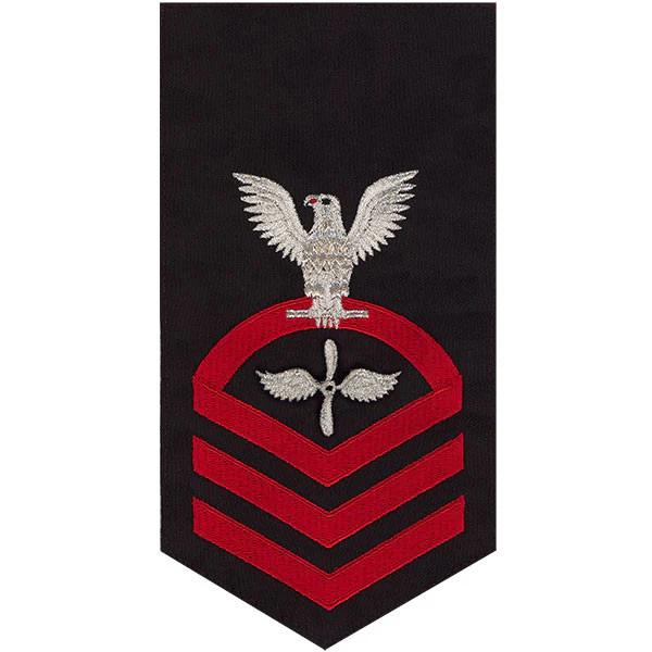 Navy E7 MALE Rating Badge: Aviation Machinist's Mate - seaworthy red on blue