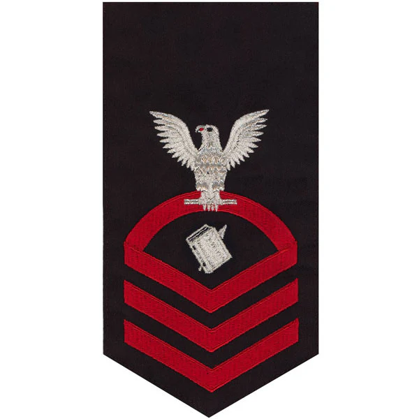 Navy E7 MALE Rating Badge: Personnelman - seaworthy red on blue