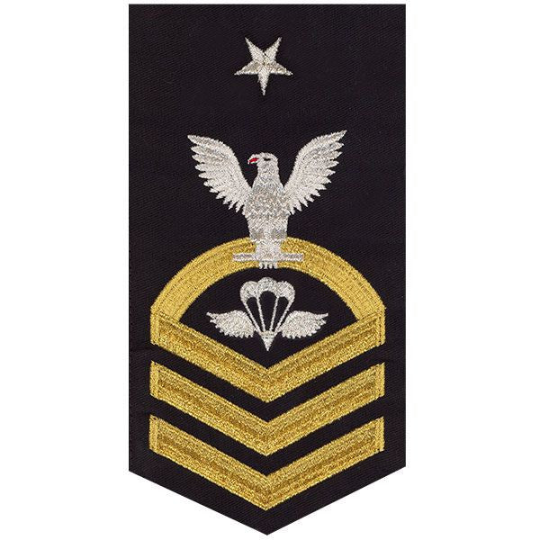 Navy E8 MALE Rating Badge: Aircrew Survival Equipmentman - seaworthy gold on blue