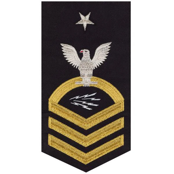 Navy E8 MALE Rating Badge: Information Technician Specialist - seaworthy gold on blue