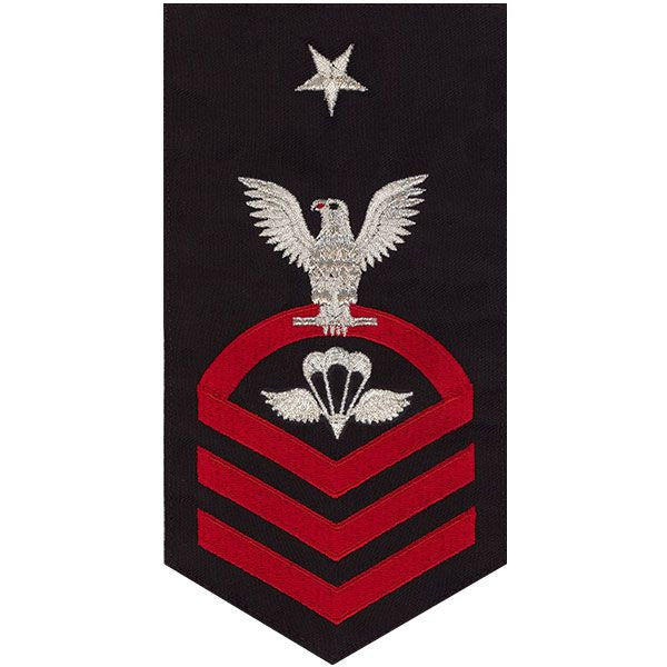 Navy E8 MALE Rating Badge: Aircrew Survival Equipmentman - seaworthy red on blue