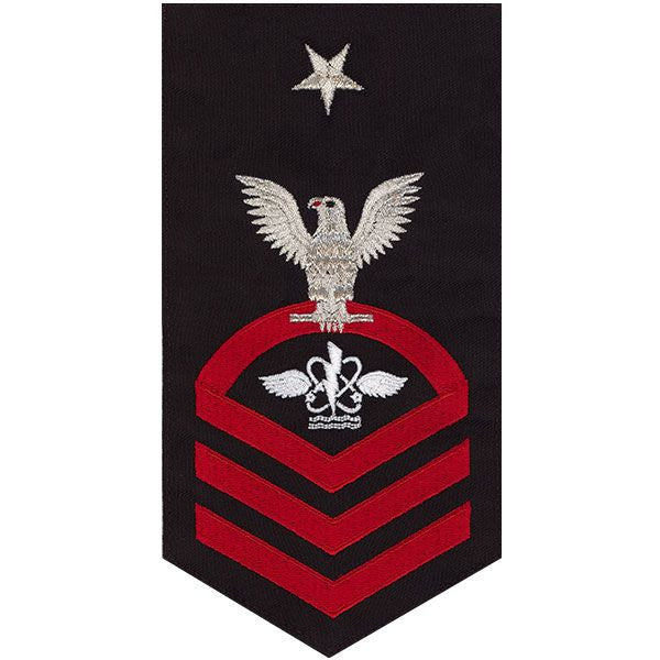 Navy E8 MALE Rating Badge: Aviation Anti-Submarine Warfare Operator - seaworthy red on blue