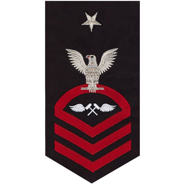 Navy E8 MALE Rating Badge: Aviation Structure Mechanic - seaworthy red on blue