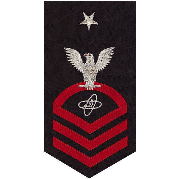 Navy E8 MALE Rating Badge: Electronics Technician - seaworthy red on blue