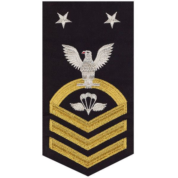 Navy E9 MALE Rating Badge: Aircrew Survival Equipmentman - seaworthy gold on blue